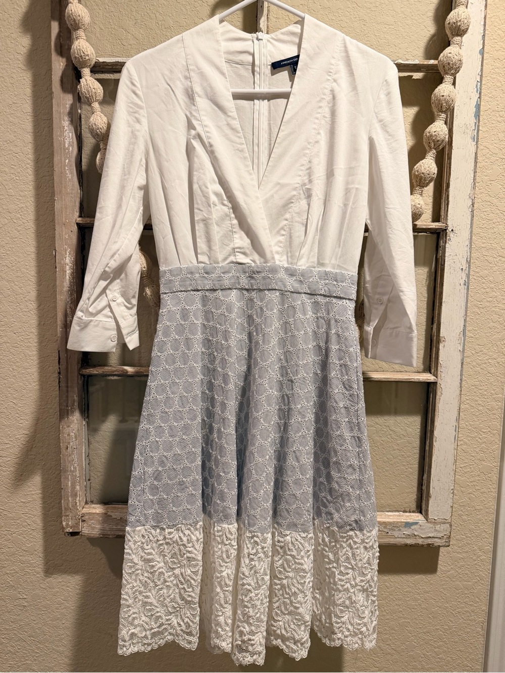 French Connection Oni Lace Mix Flared Dress - Summer White / Light Blue